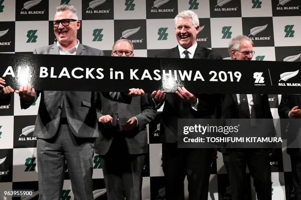 New Zealand's former rugby player John Kirwan, New Zealand's Ambassador to Japan Stephen Payton, New Zealand Rugby Union CEO Steve Tew and New...