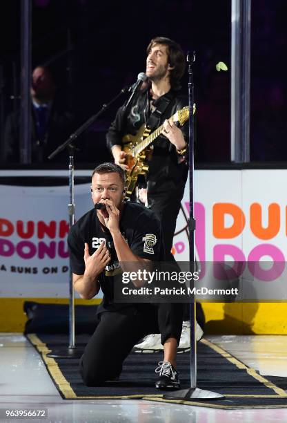 Daniel Platzman and Ben McKee of Imagine Dragons perform before Game Two of the 2018 NHL Stanley Cup Final between the Washington Capitals and the...