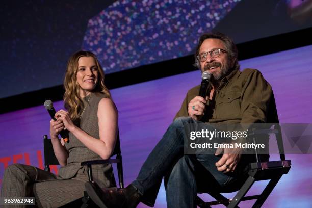 Betty Gilpin and Marc Maron speak onstage at #NETFLIXFYSEE For Your Consideration event For "GLOW" at Netflix FYSEE At Raleigh Studios on May 30,...