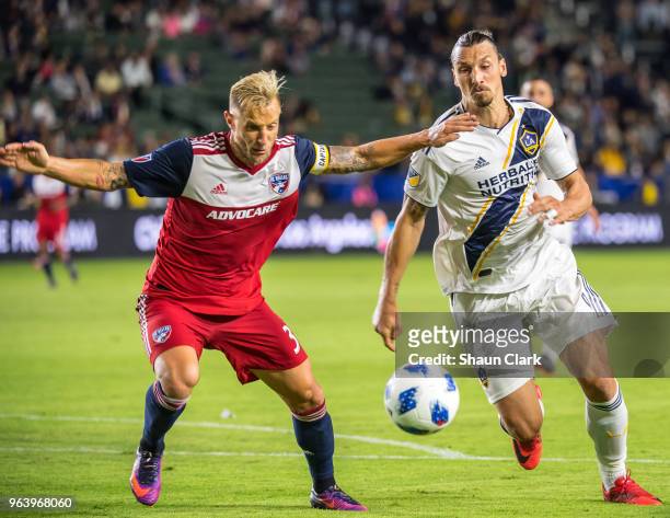 Reto Ziegler of FC Dallas defends Zlatan Ibrahimovic of Los Angeles Galaxy during the Los Angeles Galaxy's MLS match against FC Dallas at the StubHub...