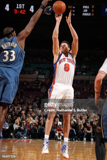 Danilo Gallinari of the New York Knicks shoots against Brendan Haywood of the Washington Wizards on February 3, 2010 at Madison Square Garden in New...
