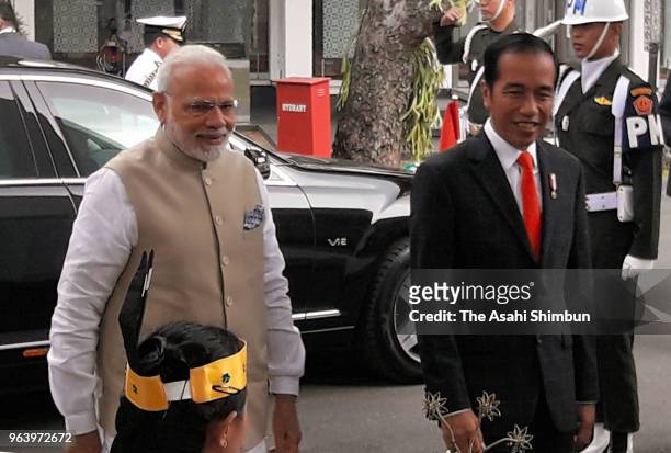 Indian Prime Minister Narendra Modi attends the welcome ceremony with Indonesian President Joko Widodo on May 30, 2018 in Jakarta, Indonesia