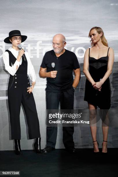 Cara Delevigne, Peter Lindbergh and Amber Valletta during the Douglas X Peter Lindbergh campaign launch at ewerk on May 30, 2018 in Berlin, Germany.