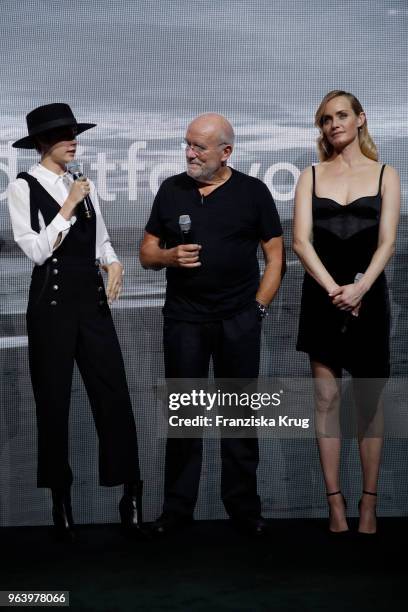 Cara Delevigne, Peter Lindbergh and Amber Valletta during the Douglas X Peter Lindbergh campaign launch at ewerk on May 30, 2018 in Berlin, Germany.