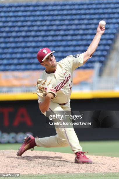 Florida State pitcher Jonah Scolaro during the ACC Baseball Championship game between the Florida State and the Louisville Cardinals on May 27 at...