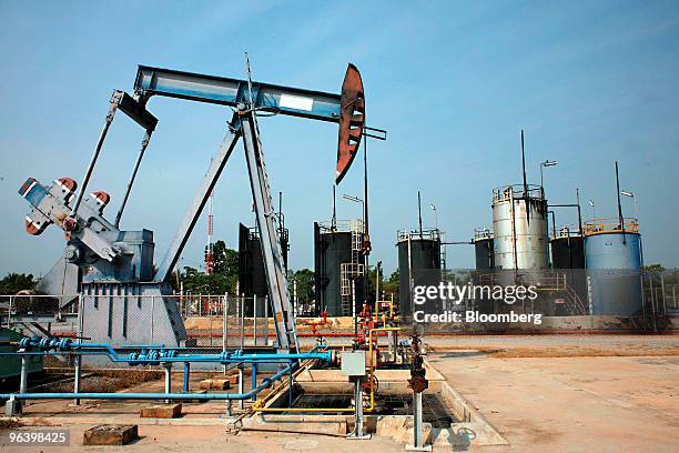 An oil pump operates in the U-Thong petroleum field at PTT Exploration & Production Pcl's PTTEP 1 Project site in Amphur Muang, Suphanburi province,...