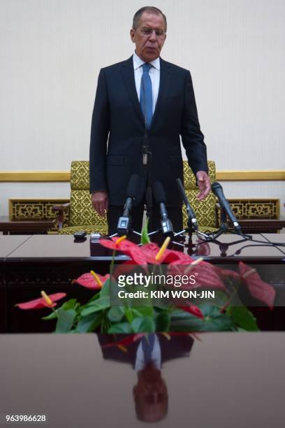 Russia's Foreign Minister Sergei Lavrov attends a press conference at the Mansudae Assembly Hall in Pyongyang on May 31, 2018. - Russian Foreign...