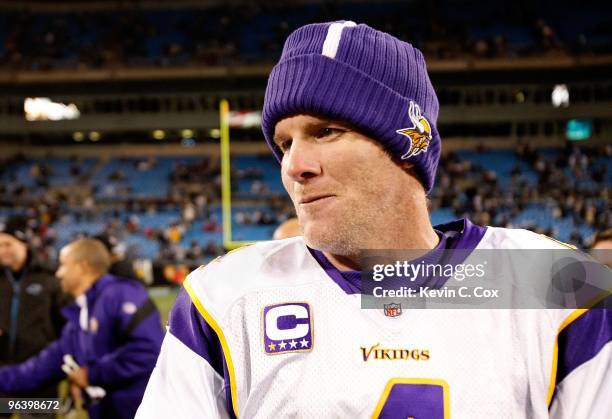 Quarterback Brett Favre of the Minnesota Vikings against the Carolina Panthers at Bank of America Stadium on December 20, 2009 in Charlotte, North...