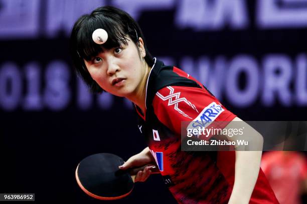 Hirano Miu of Japan in action at the women's doubles match compete with Zeng jian and Zhou Yihan of Singapore during the 2018 ITTF World Tour China...