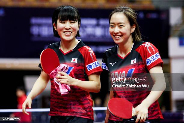 Hirano Miu and Ishikawa Kasumi of Japan celebrate the victory after the match again Zeng jian and Zhou Yihan of Singapore during the 2018 ITTF World...