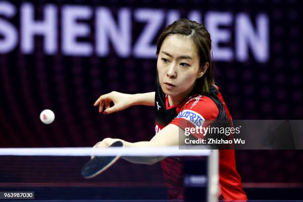 Ishikawa Kasumi of Japan in action at the women's doubles match compete with Zeng jian and Zhou Yihan of Singapore during the 2018 ITTF World Tour...