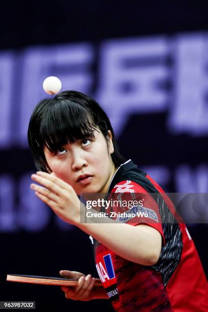 Hirano Miu of Japan in action at the women's doubles match compete with Zeng jian and Zhou Yihan of Singapore during the 2018 ITTF World Tour China...