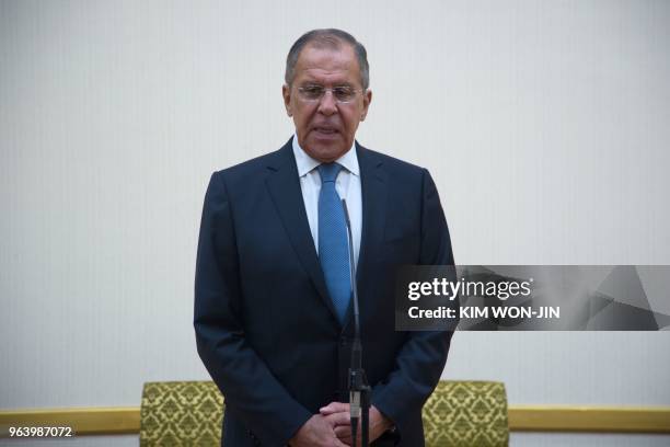 Russia's Foreign Minister Sergei Lavrov attends a press conference at the Mansudae Assembly Hall in Pyongyang on May 31, 2018. - Russian Foreign...