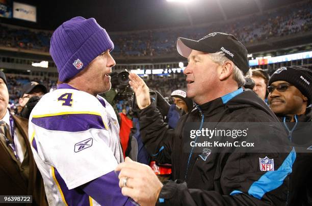 Quarterback Brett Favre of the Minnesota Vikings against head coach John Fox of the Carolina Panthers at Bank of America Stadium on December 20, 2009...