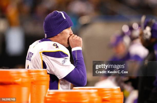 Quarterback Brett Favre of the Minnesota Vikings against the Carolina Panthers at Bank of America Stadium on December 20, 2009 in Charlotte, North...