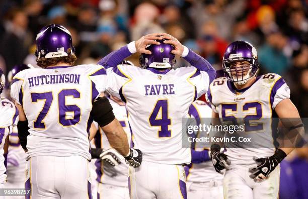 Quarterback Brett Favre of the Minnesota Vikings against the Carolina Panthers at Bank of America Stadium on December 20, 2009 in Charlotte, North...