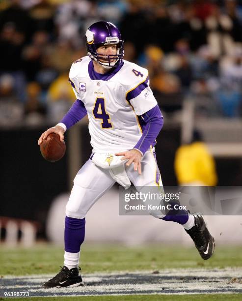 Quarterback Brett Favre of the Minnesota Vikings against the Carolina Panthers at Bank of America Stadium on December 20, 2009 in Charlotte, North...