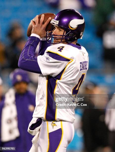 Quarterback Brett Favre of the Minnesota Vikings against the Carolina Panthers at Bank of America Stadium on December 20, 2009 in Charlotte, North...