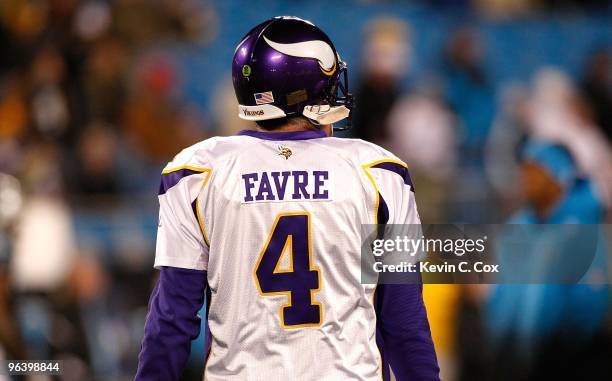 Quarterback Brett Favre of the Minnesota Vikings against the Carolina Panthers at Bank of America Stadium on December 20, 2009 in Charlotte, North...