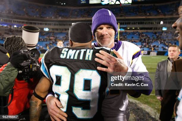 Quarterback Brett Favre of the Minnesota Vikings against Steve Smith of the Carolina Panthers at Bank of America Stadium on December 20, 2009 in...