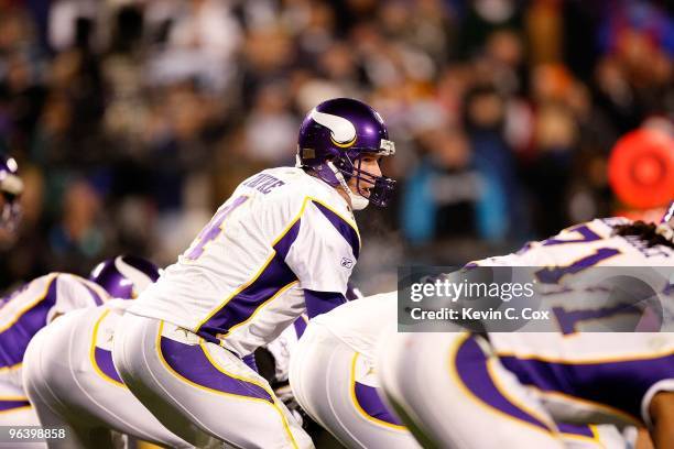 Quarterback Brett Favre of the Minnesota Vikings against the Carolina Panthers at Bank of America Stadium on December 20, 2009 in Charlotte, North...