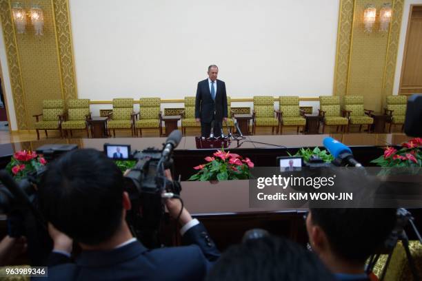 Russia's Foreign Minister Sergei Lavrov attends a press conference at the Mansudae Assembly Hall in Pyongyang on May 31, 2018. - Russian Foreign...