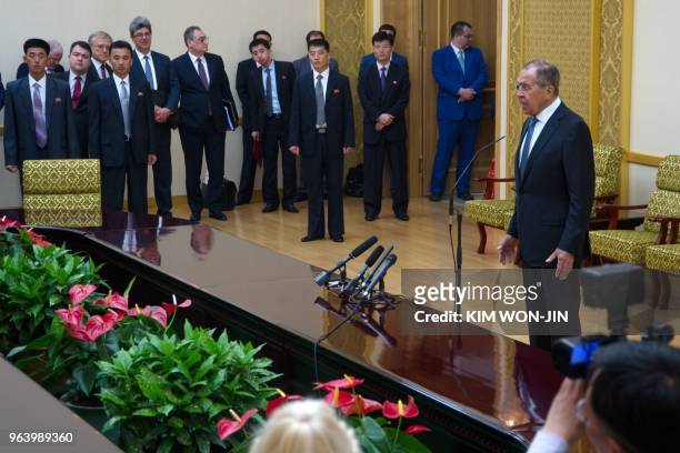 Russia's Foreign Minister Sergei Lavrov attends a press conference at the Mansudae Assembly Hall in Pyongyang on May 31, 2018. - Russian Foreign...