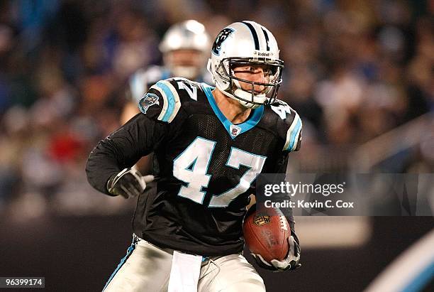 Jeff King of the Carolina Panthers against the Minnesota Vikings at Bank of America Stadium on December 20, 2009 in Charlotte, North Carolina.