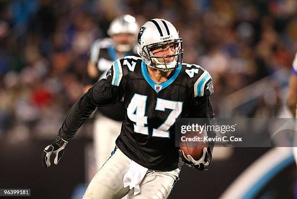 Jeff King of the Carolina Panthers against the Minnesota Vikings at Bank of America Stadium on December 20, 2009 in Charlotte, North Carolina.