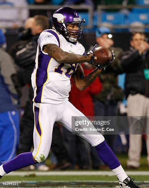 Sidney Rice of the Minnesota Vikings against the Carolina Panthers at Bank of America Stadium on December 20, 2009 in Charlotte, North Carolina.