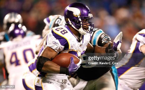 Adrian Peterson of the Minnesota Vikings against the Carolina Panthers at Bank of America Stadium on December 20, 2009 in Charlotte, North Carolina.