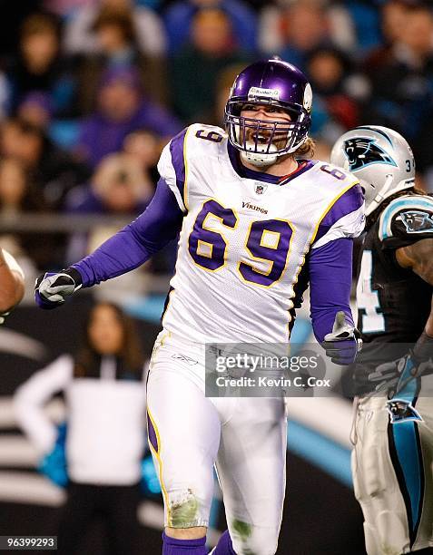 Jared Allen of the Minnesota Vikings against the Carolina Panthers at Bank of America Stadium on December 20, 2009 in Charlotte, North Carolina.