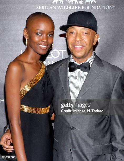 Flaviana Matata and Russell Simmons attend the 2010 African Wildlife Foundation auction dinner at the American Museum of Natural History on February...