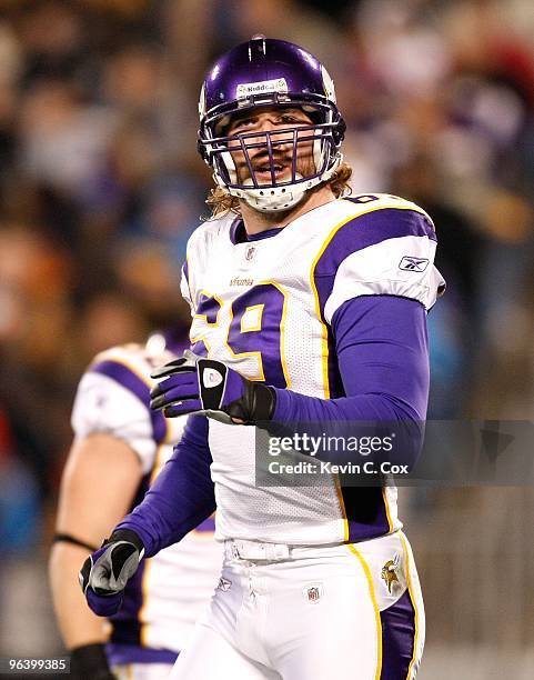 Jared Allen of the Minnesota Vikings against the Carolina Panthers at Bank of America Stadium on December 20, 2009 in Charlotte, North Carolina.