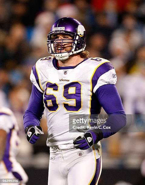 Jared Allen of the Minnesota Vikings against the Carolina Panthers at Bank of America Stadium on December 20, 2009 in Charlotte, North Carolina.