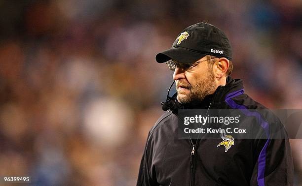 Head coach Brad Childress of the Minnesota Vikings against the Carolina Panthers at Bank of America Stadium on December 20, 2009 in Charlotte, North...