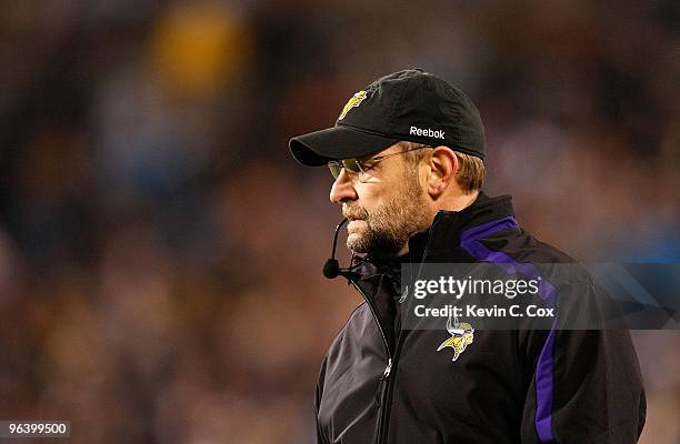 Head coach Brad Childress of the Minnesota Vikings against the Carolina Panthers at Bank of America Stadium on December 20, 2009 in Charlotte, North...