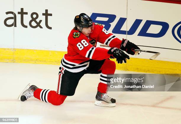 Patrick Kane of the Chicago Blackhawks celebrates a first-period goal against the St. Louis Blues at the United Center on February 3, 2010 in...