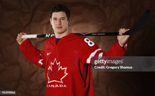 Sidney Crosby of the Pittsburgh Penguins poses for a portrait in his Team Canada 2010 Olympic jersey on February 3, 2010 at Mellon Arena in...