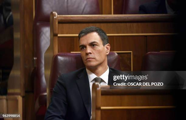 Spanish Socialist Party candidate for president, Pedro Sanchez, attends a debate on a no-confidence motion tabled by his party at the Lower House of...