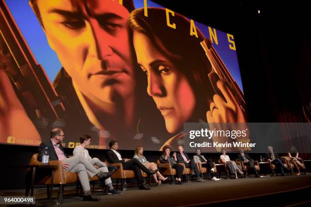 The cast and producers speak onstage at the For Your Consideration red carpet event for FX's "The Americans" at the Saban Media Center on May 30,...