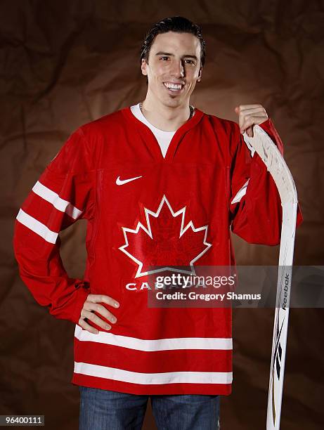 Marc-Andre Fleury of the Pittsburgh Penguins poses for a portrait in his Team Canada 2010 Olympic jersey on February 3, 2010 at Mellon Arena in...