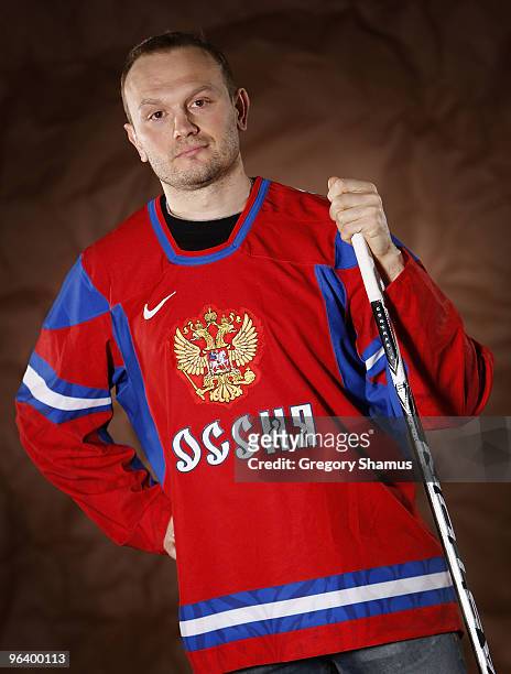 Sergei Gonchar of the Pittsburgh Penguins poses for a portrait in his Team Russia 2010 Olympic jersey on February 3, 2010 at Mellon Arena in...