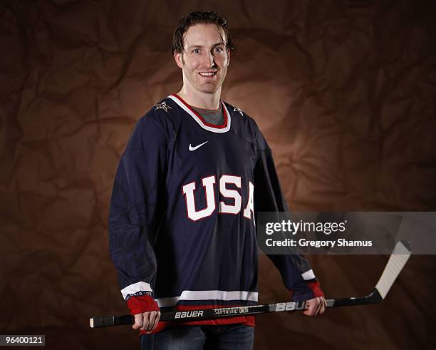 Brooks Orpik of the Pittsburgh Penguins poses for a portrait in his Team USA 2010 Olympic jersey on February 3, 2010 at Mellon Arena in Pittsburgh,...