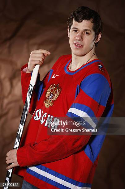 Evgeni Malkin of the Pittsburgh Penguins poses for a portrait in his Team Russia 2010 Olympic jersey on February 3, 2010 at Mellon Arena in...