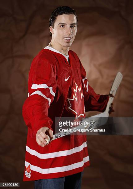 Marc-Andre Fleury of the Pittsburgh Penguins poses for a portrait in his Team Canada 2010 Olympic jersey on February 3, 2010 at Mellon Arena in...
