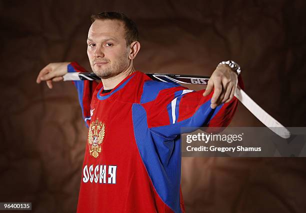 Sergei Gonchar of the Pittsburgh Penguins poses for a portrait in his Team Russia 2010 Olympic jersey on February 3, 2010 at Mellon Arena in...