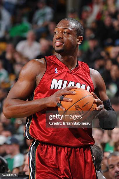 Dwyane Wade of the Miami Heat looks out at the crowd during the game against the Boston Celtics on February 3, 2010 at the TD Garden in Boston,...