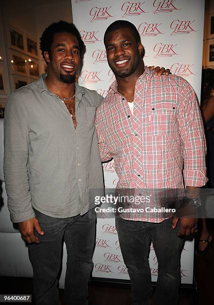 Dhani Jones and Keith Rivers of the Cincinnati Bengals attend the GBK Gift Lounge at Player's Press Pre-Super Bowl Party at Sagamore Hotel on...