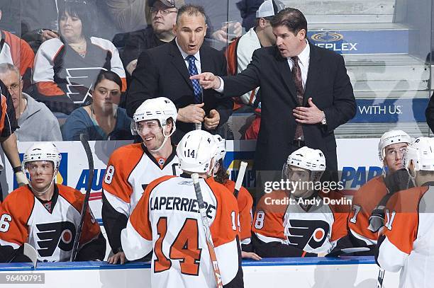 Peter Laviolette gives his Philadelphia Flyers orders during the third period of a game against the Edmonton Oilers at Rexall Place on February 3,...